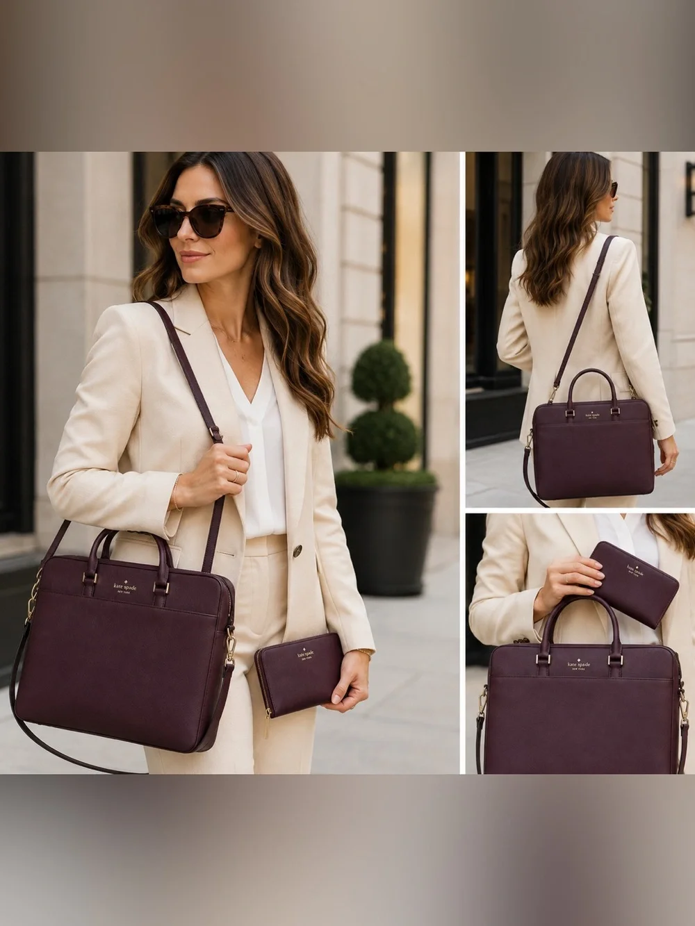 NWOT Kate Spade New York Plum Saffiano Leather Briefcase Tote & Matching Wallet